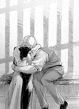 Rule 34 | 2boys, arm around another's waist, arms around neck, badeni, black hair, black shoes, black tabard, blue eyes, chi.: chikyuu no undou ni tsuite, commentary request, feet out of frame, greyscale, hair bun, highres, hiroi 88a, hug, male focus, monochrome, multiple boys, oczy, pants, prison cell, robe, rolling eyes, shirt, shoes, tabard, tonsure, twintails, vest, white robe, white shirt