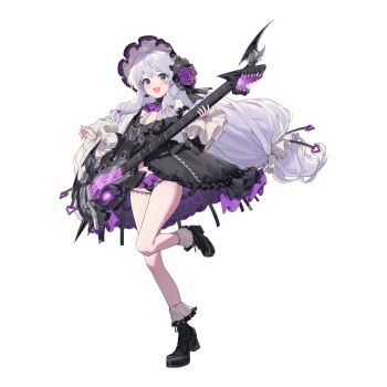 Rule 34 | 1girl, ahoge, ascot, bare legs, black boots, black bow, black collar, black dress, black hairband, black panties, blue eyes, blush, boots, bow, breasts, cameltoe, cleavage, collar, crinoline, dress, electric guitar, flower, frilled collar, frilled dress, frilled hairband, frilled sleeves, frilled socks, frills, full body, gothic lolita, guitar, hairband, heart, high-low dress, high heel boots, high heels, highres, holding, holding guitar, holding instrument, instrument, lace, lace-trimmed panties, lace thigh strap, lace trim, last origin, leg up, lolita fashion, long hair, looking at viewer, mel (dodosae), microskirt, non-web source, official alternate costume, official art, open mouth, panties, purple ascot, purple flower, purple rose, purple skirt, rose, sidelocks, simple background, skirt, small breasts, smile, socks, solo, soulworker, standing, standing on one leg, stella unibell, tachi-e, transparent background, underwear, very long hair, white hair, white socks