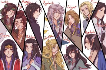 Rule 34 | 6+boys, aqua eyes, arrow (projectile), black eyes, black hair, blonde hair, blue eyes, braid, brown eyes, brown hair, character name, circlet, closed eyes, closed mouth, collarbone, crown, duilin, ecthelion, egalmoth, elf, facial scar, feathers, floating, floating object, galdor (gondolin), gem, glorfindel, harp, headband, high collar, holding, instrument, jewelry, king, leaf, long hair, looking at viewer, maeglin, male focus, multiple boys, multiple scars, nervous, open mouth, panels, parted bangs, parted lips, pectorals, pengolodh, penlod, pointy ears, profile, rog, salgant, scar, scar on cheek, scar on chest, scar on face, scroll, sidelocks, smile, sweat, sweatdrop, teeth, the silmarillion, tolkien's legendarium, tuor, turgon, upper body, upper teeth only, windrelyn, wing collar