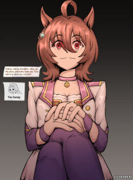 1girl absurdres agnes_tachyon_(umamusume) ahoge animal_ear_piercing animal_ears artist_name breasts brown_hair choker cleavage closed_mouth commentary crazy_eyes crossed_legs dark_background english_commentary english_text expectant gradient_background grey_background hair_between_eyes hands_on_own_knee highres horse_ears horse_girl jacket leoderorero long_sleeves looking_at_viewer own_hands_together purple_choker purple_thighhighs red_eyes scene_reference short_hair sitting solo starting_future_(umamusume) talking thighhighs umamusume white_jacket wojak