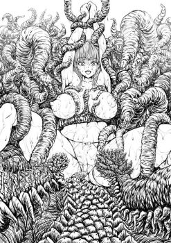 arms_up breasts clothing_aside imminent_penetration large_areolae large_breasts long_hair lowres md5_mismatch monochrome open_mouth original panties panties_aside puffy_nipples resolution_mismatch scared sketch slime_(substance) tearing_up tentacle_between_breasts tentacle_in_mouth tentacles tentacles_on_male topless_female underwear underwear_only yuyu_(1bit)