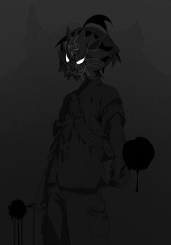 1boy bag candy_apple commentary food greyscale hairband highres holding holding_candy_apple holding_food japanese_clothes kieran_(pokemon) male_focus mask monochrome nintendo pokemon pokemon_sv saesoon_dobby short_sleeves simple_background solo symbol-only_commentary