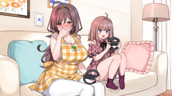 2girls absurdres age_difference ahoge apron bekotarou blue_eyes blush breasts brown_eyes brown_hair checkered_apron checkered_clothes cleavage controller couch covering_own_mouth covering_privates drawing_(object) dress embarrassed feet female_focus frilled_pillow frills hands_up highres holding holding_controller indoors large_breasts legs long_hair looking_away looking_down low_ponytail mankai_kaika mature_female medium_hair mother_and_daughter multiple_girls nose_blush open_mouth original pillow playing_games ponytail sex_toy sitting socks thighs vibrator vibrator_under_clothes
