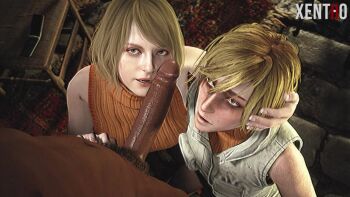 Rule 34 | 1boy, 2girls, 3d, after fellatio, animated, artist name, ashley graham, ashley graham (remake), assisted fellatio, bags under eyes, bare shoulders, blonde hair, brown eyes, capcom, crossover, dark-skinned male, dark skin, feet out of frame, fellatio, female collaborator, ffm threesome, from above, green eyes, green skirt, group sex, hand on another's head, handjob, heather mason, hetero, interracial, jacket, kneeling, konami, lips, looking at another, looking at penis, looking down, looking to the side, looking up, medium hair, multiple girls, naughty face, nose, open mouth, oral, orange sweater, penis, red eyes, resident evil, resident evil 4, resident evil 4 (remake), saliva, saliva trail, sexual coaching, short hair, sideways glance, silent hill (series), silent hill 3, skirt, slapping with penis, sleeveless, sleeveless jacket, sleeveless sweater, sound, source request, sweater, tagme, teeth, threesome, uncensored, upper body, upturned eyes, variant set, very dark skin, video, watermark, white jacket, xentho