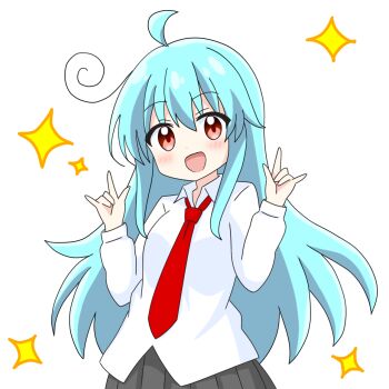 Rule 34 | 1girl, :d, \m/, ahoge, blue hair, blush, collared shirt, commentary request, cowboy shot, dot nose, double \m/, grey skirt, hands up, highres, kotatsu-mazoku, long hair, long sleeves, looking at viewer, necktie, open mouth, original, pleated skirt, red eyes, red necktie, shirt, simple background, skirt, smile, solo, sparkle, white background, white shirt