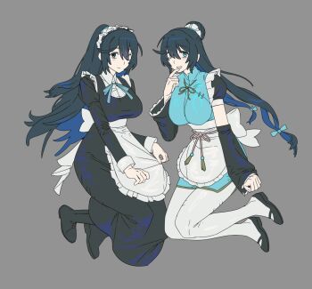 Rule 34 | 2girls, apron, aqua dress, black sleeves, blue ribbon, breasts, china dress, chinese clothes, detached sleeves, dress, full body, genderswap, genderswap (mtf), grey background, half up bun, half updo, highres, hong lu (project moon), large breasts, limbus company, maid, maid headdress, multiple girls, neck ribbon, pantyhose, project moon, puffy short sleeves, puffy sleeves, qi maid, ribbon, short sleeves, simple background, waist apron, white apron, white pantyhose, woodhdhg