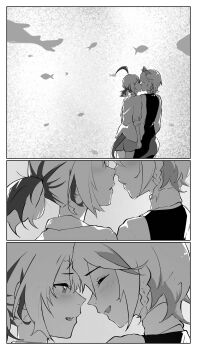 2girls absurdres ahoge aquarium blush cecilia_immergreen closed_eyes commentary fish gigi_murin greyscale hashtag-only_commentary highres hololive hololive_english kiss looking_at_another marii_(mmmmmarii_) monochrome multicolored_hair multiple_girls parted_lips short_hair short_twintails shorts smile streaked_hair tail twintails virtual_youtuber yuri