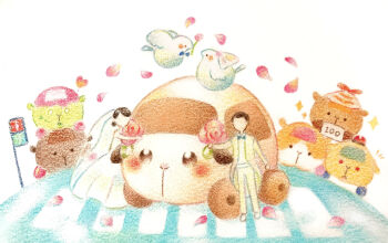 1boy 1girl bird bridal_veil character_request colored_pencil_(medium) commentary_request crosswalk dove flower formal_clothes highres holding holding_flower husband_and_wife molcar patrol_molcar petals potato_(pui_pui_molcar) pui_pui_molcar suit teddy_(pui_pui_molcar) traditional_media veil wedding wedding_molcar white_suit yukichi_0611 zombie_molcar