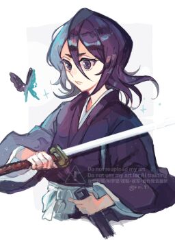 1girl artist_name black_hair black_hakama black_kimono bleach bug butterfly commentary_request hair_between_eyes hakama hara_hikaru highres holding holding_sheath holding_sword holding_weapon insect japanese_clothes katana kimono kuchiki_rukia long_sleeves medium_hair purple_eyes sheath shihakusho shinigami simple_background solo sparkle sword upper_body weapon white_background wide_sleeves