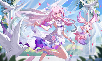 1girl absurdres aichinaigai aqua_hair bare_shoulders bird blue_eyes blue_sky breasts bridal_veil chinese_commentary clothing_cutout commentary_request cyrene_(honkai:_star_rail) cyrene_(ripples_of_past_reverie)_(honkai:_star_rail) diamond-shaped_pupils diamond_(shape) dove dress flower hair_flower hair_ornament highres honkai:_star_rail honkai_(series) long_hair medium_breasts mem_(honkai:_star_rail) multicolored_hair pink_hair purple_eyes side_cutout sky smile star-shaped_pupils star_(symbol) stone_pillar symbol-shaped_pupils veil very_long_hair white_dress white_hair