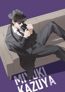 1boy ace_of_diamond belt black_belt black_jacket black_necktie black_pants black_suit brown_eyes brown_hair character_name cigarette coat coat_on_shoulders commentary_request couch fedora feet_out_of_frame formal_clothes glasses hat heise_wanbaolu highres holding holding_lighter jacket lighter lighting_cigarette male_focus miyuki_kazuya mouth_hold necktie on_couch pants purple_background short_hair sideburns simple_background sitting solo suit suit_jacket unlit_cigarette_in_mouth