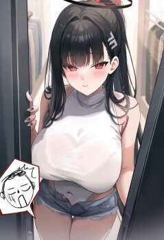 1boy 1girl alternate_costume black_hair black_halo blue_archive blue_shorts breasts bright_pupils covered_navel denim denim_shorts doodle_sensei_(blue_archive) doorway hair_ornament hairclip halo highres kottungyang large_breasts long_hair multicolored_halo nail_polish open_clothes open_fly open_shorts pov_doorway red_eyes ringed_eyes rio_(blue_archive) see-through_clothes sensei_(blue_archive) short_shorts shorts sleeveless smile speech_bubble two-tone_halo white_pupils