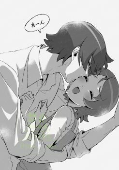 1boy 1girl bob_cut closed_eyes couple eyelashes flirting greyscale hand_on_another's_back hand_on_another's_chest hand_on_wall happinesscharge_precure! highres hug kabedon licking licking_another's_cheek licking_another's_face long_sleeves mature_male monochrome neck oomori_yuuko open_mouth parted_bangs phantom_(happinesscharge_precure!) precure profile shirt short_hair smile speech_bubble suspenders thick_eyelashes twitter_username wasa7subi watermark white_shirt