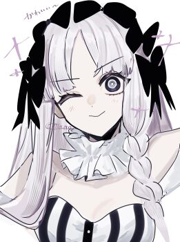 1girl 710_ao absurdres bare_shoulders black_eyes blush bow braid collar fate/strange_fake fate_(series) francesca_prelati_(fate) frilled_collar frills hair_bow highres long_hair looking_at_viewer one_eye_closed ringed_eyes simple_background solo striped_clothes upper_body white_background white_hair