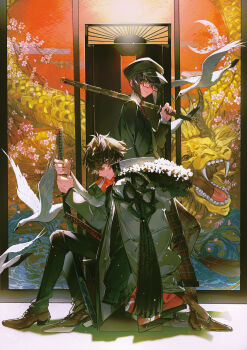 1boy 1other absurdres androgynous bird black_hair black_pants black_shirt blue_eyes boots brown_boots brown_shoes coat coat_on_shoulders collared_shirt commentary_request dress_shoes fate/grand_order fate/samurai_remnant fate_(series) full_body grey_coat grey_jacket hair_over_one_eye hat highres holding holding_sword holding_weapon jacket katana lace-up_boots long_sleeves looking_at_viewer miyamoto_iori_(celebratory_attire)_(fate) miyamoto_iori_(fate) mura_karuki necktie newsboy_cap orange_eyes over_shoulder overcoat pants plaid_clothes plaid_pants red-framed_eyewear red_necktie sheath sheathed shirt shoes sidelocks smile suit_jacket sword sword_over_shoulder tie_clip weapon weapon_over_shoulder white_bird white_shirt yamato_takeru_(fate) yamato_takeru_(second_ascension)_(fate)