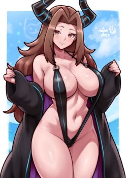 1girl absurdres artist_name black_coat black_horns black_slingshot_swimsuit blue_background border borrowed_character breasts brown_eyes brown_hair closed_mouth coat commentary commission english_commentary highres horns ko-fi_commission large_breasts long_hair looking_at_viewer navel o-ring o-ring_swimsuit off_shoulder open_clothes open_coat original outside_border rotomdocs slingshot_swimsuit solo swimsuit w_arms white_border