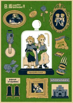 2boys aged_down armor baggy_pants bandaid bandaid_on_cheek bandaid_on_face bell_jar black_boots blonde_hair blue_armor blue_bow blue_cape blue_flower blue_rose blue_shirt blue_shorts boots bow brothers cape castle chair character_name child circular_saw claw_(weapon) closed_mouth coin collared_shirt commentary_request cup dated edgar_roni_figaro final_fantasy final_fantasy_vi fist_bump flower gold_coin green_background green_bow green_eyes hair_bow happy_birthday highres holding holding_cup holding_screwdriver low_ponytail miri_(mirik) multiple_boys pants parted_lips picture_frame ponytail rose sabin_rene_figaro saw screwdriver shirt shorts shoulder_armor siblings smile socks sparkle suspenders twins two-sided_cape two-sided_fabric walnut weapon white_boots white_cape white_shirt white_socks