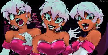 1girl absurdres bare_shoulders bat_wings ben_sadfleck breasts cleavage dark-skinned_female dark_skin eyelashes fangs gloves green_eyes head_tilt highres humanization large_breasts laughing multiple_expressions open_mouth purple_lips rouge_the_bat shirt short_hair smile sonic_(series) strapless uneven_eyes upper_body white_gloves white_shirt wings