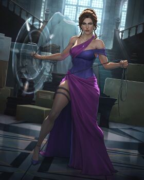 1girl absurdres bare_shoulders box breasts brown_eyes brown_hair cable cardboard_box clip_studio_paint_(medium) dalejomej dress high_heels highres holding holding_cable holding_weapon holster indoors jewelry lara_croft looking_at_viewer medium_breasts necklace purple_dress purple_footwear side_slit signature solo stairs swinging_weapon thigh_holster tomb_raider tomb_raider:_the_legend_of_lara_croft weapon window