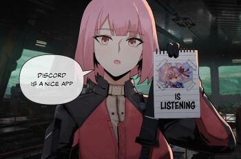 Rule 34 | 1girl, absurdres, black gloves, chainsaw, commentary, english text, female commander (girls' frontline), girls' frontline, girls' frontline 2: exilium, gloves, hand up, highres, holding, holding paper, looking at viewer, negev (girls' frontline), open mouth, paper, pink hair, scene reference, short hair, speech bubble, untranslatable commentary, variasii