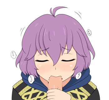 1boy 1girl ahoge bernadetta_von_varley blush censored closed_eyes commentary_request fellatio fire_emblem fire_emblem:_three_houses garreg_mach_monastery_uniform hair_between_eyes hetero highres hood hood_down long_sleeves messy_hair mosaic_censoring nintendo oral penis pov purple_hair simple_background solo_focus translation_request white_background yoshio_hentai