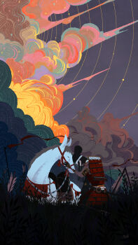 1other armor arrow_(projectile) battle_standard black_hair black_hat blurry broken_arrow closed_mouth commentary_request depth_of_field explosion flag hand_on_animal hat head_rest highres horse japanese_armor kneeling kote kusazuri long_hair namiki_kazama original planted planted_arrow sheath shoulder_armor signature smoke sode solo tate_eboshi war_flag