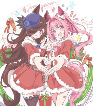 2girls akure1129 animal_ears bandaid bandaid_on_leg belt blue_flower blue_hat blue_rose blush bow box brown_hair carrot christmas christmas_present commentary_request dress ear_bow ear_covers fascinator flipped_hair flower flower-shaped_pupils flower_in_eye fur-trimmed_dress fur_trim gift gift_box hair_over_one_eye hairband haru_urara_(umamusume) hat hat_flower headband heart horse_ears horse_girl horse_tail long_hair looking_at_viewer multiple_girls open_mouth pink_bow pink_eyes pink_hair ponytail purple_eyes red_dress red_ribbon ribbon rice_shower_(umamusume) rose santa_costume santa_dress smile sparkle star_(symbol) symbol-shaped_pupils symbol_in_eye tail tilted_headwear umamusume