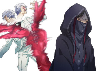 1boy 1girl afterimage black_hair blush brown_eyes closed_eyes commentary_request covered_mouth fate/strange_fake fate_(series) grey_hair highres hood hood_up jacket jester_karture jujutsu_kaisen mask meme naoya_hitting_choso_without_looking_(meme) no_name_assassin_(fate) pants simple_background slapping wasabi_(user_kzex3387) white_background white_jacket white_pants zabaniya_(fate)