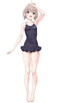 1girl arm_up armpits barefoot black_one-piece_swimsuit blue_eyes blush breasts corrupted_twitter_file covered_navel full_body grey_hair hashtag-only_commentary highres idolmaster idolmaster_shiny_colors landel looking_at_viewer one-piece_swimsuit open_mouth serizawa_asahi short_hair simple_background small_breasts smile solo standing swimsuit teeth upper_teeth_only v white_background