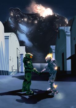 2boys absurdres album_cover album_cover_redraw armor artist_logo artist_name assault_visor broken_helmet burning cover damaged derivative_work drop_shadow fire halo:_reach halo_(series) handshake hangar helmet highres logo master_chief multiple_boys orange_visor outdoors pink_floyd power_armor power_suit ramnik5 scene_reference shadow spacecraft spartan-b312 spartan_(halo) star_(sky) warehouse wish_you_were_here