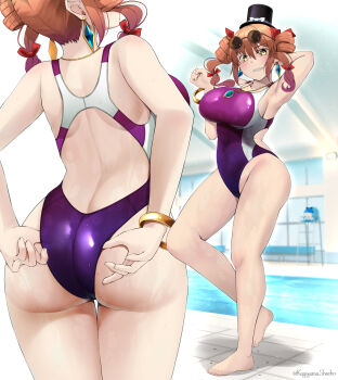 2girls adjusting_clothes adjusting_swimsuit arm_behind_head armpits ass bare_arms bare_legs bare_shoulders barefoot blush breasts brown_hair commission competition_swimsuit covered_navel drill_hair grin highres jewelry kagiyama_shachou large_breasts long_hair multiple_girls multiple_views necklace one-piece_swimsuit pool purple_one-piece_swimsuit skeb_commission smile solo_focus swimsuit toes touhou twin_drills twintails twitter_username water yellow_eyes yorigami_jo'on yorigami_shion