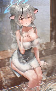 Rule 34 | 1girl, aged up, alternate breast size (larger), animal ears, black hair, blue archive, breasts, commentary request, grey hair, halo, hand on own chest, highres, kokona (blue archive), korean commentary, large breasts, long hair, multicolored hair, naked towel, onsen, sitting, solharuu, steam, streaked hair, towel, water, wet