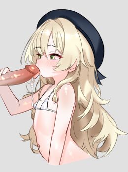 1boy 1girl absurdres bikini black_hat blonde_hair blue_archive cum cunvaroy disembodied_penis fellatio flat_chest fluffy_hair green_eyes hat hetero highres loli long_hair navel oral penis professor_niyaniya_(blue_archive) swimsuit uncensored white_bikini