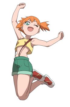 1girl ;d armpits arms_up asymmetrical_hair bare_arms bright_pupils clenched_hands crop_top cropped_shirt eyelashes green_eyes green_shorts highres jumping looking_at_viewer midriff misty_(pokemon) navel nintendo one_eye_closed open_mouth orange_hair pokemon pokemon_(anime) pokemon_(classic_anime) ponytail shirt shoes short_hair short_shorts shorts side_ponytail sleeveless sleeveless_shirt smile sneakers solo suspender_shorts suspenders uzou_(uzooooooooo) wink yellow_shirt