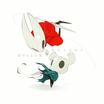 Rule 34 | 1girl, 1other, black eyes, chinese commentary, cloak, commentary request, copyright name, grey cloak, hightguy, holding, holding weapon with feet, hollow knight, hollow knight: silksong, hornet (hollow knight), horns, knight (hollow knight), looking at another, looking up, nail (hollow knight), needle (hollow knight), red cloak, shadow, standing, standing on one leg, thread, weapon, weapon on back, white background, white mask