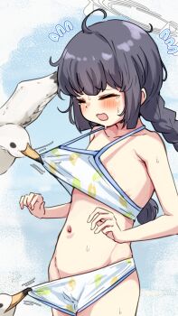 1girl bikini bikini_pull bird blue_archive blue_hair blush braid closed_eyes clothes_pull collarbone embarrassed flat_chest flying_sweatdrops groin halo highres loli machismo_fuji miyu_(blue_archive) miyu_(swimsuit)_(blue_archive) navel open_mouth print_bikini seagull solo stomach swimsuit twin_braids white_halo