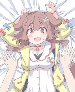 1girl 1other animal_ears arms_up bed_sheet blue_bow blush bone_hair_ornament bow braid breasts brown_eyes brown_hair cartoon_bone cleavage collar collarbone commentary_request dog_ears dog_girl dog_tail dress fangs hair_between_eyes hair_ornament hair_over_shoulder highres hololive hood hood_down hooded_jacket inugami_korone inugami_korone_(1st_costume) jacket long_sleeves lying medium_breasts off_shoulder on_back open_clothes open_jacket open_mouth puffy_long_sleeves puffy_sleeves red_bow red_collar sleeveless sleeveless_dress small_sweatdrop solo_focus sweat tail twin_braids umberblack white_dress yellow_jacket