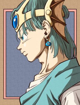 Rule 34 | 1boy, adam's apple, aqua hair, blue eyes, collarbone, commentary request, dragon quest, dragon quest iv, earrings, from side, frown, headpiece, hero (dq4), highres, jewelry, lee (dragon garou), male focus, official style, portrait, serious, slime (dragon quest), solo, toriyama akira (style)