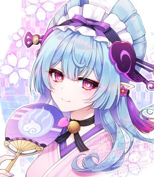 1girl bell black_choker blue_hair choker closed_mouth detached_sleeves earrings genshin_impact hair_ornament hairband hand_fan highres holding holding_fan japanese_clothes jewelry kimono long_hair looking_at_viewer neck_bell pink_kimono pointy_ears purple_eyes smile solo thistle_lapis yumemizuki_mizuki