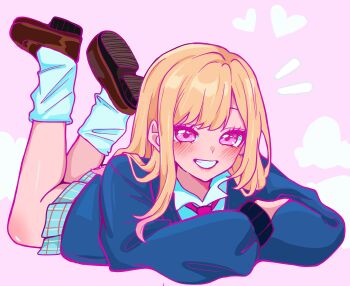 1girl absurdres aqua_skirt blonde_hair blue_sweater blush brown_shoes collared_shirt crossed_arms full_body grin highres kitagawa_marin loafers long_hair loose_socks lying miovartz necktie on_stomach pink_background pink_eyes plaid_clothes plaid_skirt red_necktie shirt shirt_under_sweater shoes skirt smile socks solo sono_bisque_doll_wa_koi_wo_suru sweater teeth white_shirt white_socks