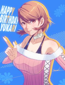 1girl armpit_crease armpit_peek bare_shoulders birthday blue_background bra_strap breasts brown_eyes brown_hair character_name choker closed_mouth collarbone commentary_request corner50777313 cross-laced_clothes cross-laced_sleeves cross-laced_sweater earrings flipped_hair fur-trimmed_sweater fur_trim halterneck happy_birthday heart heart_choker highres index_finger_raised jewelry large_breasts light_blush looking_at_viewer off-shoulder_sweater off_shoulder official_alternate_costume persona persona_3 pink_lips pink_sweater ribbed_sweater short_hair signature smile solo stud_earrings sweater takeba_yukari upper_body white_choker