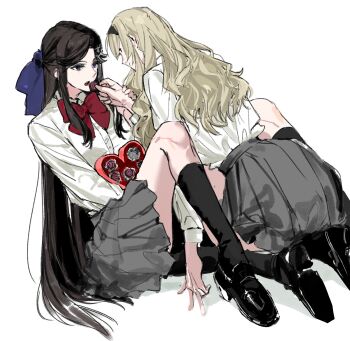Rule 34 | 2girls, 9urodine, between legs, black hairband, black shoes, black socks, black thighhighs, blonde hair, blue bow, bow, bowtie, brown hair, candy, chocolate, chocolate heart, closed mouth, collared shirt, eye contact, feeding, food, foot out of frame, grey skirt, hair ornament, hairband, half updo, hand between legs, hand grab, hand up, heart, heart-shaped food, highres, holding, holding chocolate, holding food, kneehighs, kneeling, knees up, loafers, long hair, long sleeves, looking at another, miniskirt, multiple girls, parted bangs, parted lips, profile, purple eyes, red bow, red bowtie, red eyes, saijou claudine, school uniform, seishou music academy uniform, shirt, shoe soles, shoes, shoujo kageki revue starlight, sidelocks, simple background, sitting, skirt, smile, socks, tendou maya, thighhighs, very long hair, wavy hair, white background, white shirt, x hair ornament, yuri