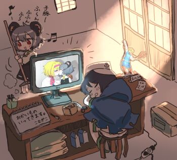 114514_(meme) 2girls acrylic_stand_(object) alice_margatroid anchor_symbol animal_ears black_hair blush box broom colored_skin commentary_request computer cookie_(touhou) drink_carton full_body grey_hair grey_skirt grey_vest haburashi hat holding holding_broom ichigo_(cookie) indoors long_sleeves manatsu_no_yo_no_inmu meme milk_(cookie) milk_carton monitor mouse_ears multiple_girls murasa_minamitsu musical_note nazrin notepad nyon_(cookie) open_mouth pen red_eyes sack scissors screen_light shirt short_hair skirt skirt_set sleeping smile stool sweeping tape touhou translation_request vest white_hat white_shirt white_skin yuri_(object)