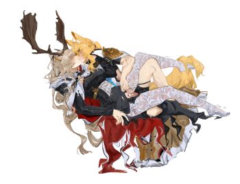 2girls absurdres animal_ear_fluff animal_ears antlers arknights blonde_hair cape cum deer_antlers futa_with_female futanari highres horns horse_ears horse_girl horse_tail implied_extra_ears kotcate multiple_girls nearl_(arknights) nearl_the_radiant_knight_(arknights) pantyhose tail uncensored viviana_(arknights) white_cape yuri