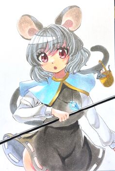 Rule 34 | 1girl, absurdres, animal ears, basket, black skirt, black vest, blue capelet, capelet, commentary request, dowsing rod, grey hair, highres, holding, holding with tail, jewelry, long sleeves, looking at viewer, medium hair, mitsu~, mouse (animal), mouse ears, mouse girl, mouse tail, nazrin, open mouth, pendant, prehensile tail, red eyes, shirt, skirt, solo, tail, touhou, traditional media, vest, white shirt