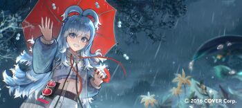 1girl :d blue_eyes blue_hair blue_sleeves braid cloud cloudy_sky colored_tips commentary cropped_hoodie cropped_shirt english_commentary flower grin hand_up high_ponytail highres holding holding_umbrella hololive hololive_indonesia hood hoodie jacket kobo_kanaeru kobo_kanaeru_(1st_costume) long_hair long_sleeves looking_at_viewer multicolored_hair official_art open_mouth outdoors pants ponytail puffy_long_sleeves puffy_sleeves rain red_umbrella ringed_eyes saikako see-through_clothes see-through_jacket side_braids sidelocks sky smile solo tree two-tone_hair umbrella virtual_youtuber wavy_hair white_hair white_hoodie white_pants