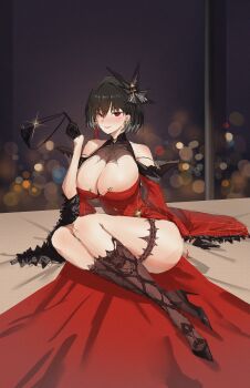 1girl absurdres azur_lane bare_shoulders black_gloves black_hair black_panties black_shoes black_socks breasts chien_wu_(azur_lane) chinese_commentary cleavage dress gloves half_gloves high_heels highres holding holding_panties holding_underwear holding_unworn_clothes huge_breasts lace lace_panties long_sleeves o-ring o-ring_bottom o-ring_panties panties red_dress red_eyes shoes short_hair socks solo spider_web_pattern stiletto_heels thong underwear unworn_panties wide_sleeves xin_tu