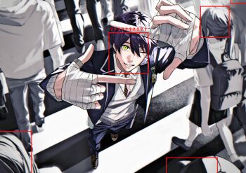 1boy ;d ? ?? absurdres bandaged_hand bandages bandaid bandaid_on_finger bandaid_on_hand black_jacket black_pants blazer blurry brown_shoes charm_(object) collared_shirt color_contrast contrast crosswalk crowd depth_of_field facial_recognition finger_frame foreshortening from_above green_eyes grey_sweater grin hair_between_eyes highres jacket kenmochi_touya kenmochi_touya_(1st_costume) lapels loafers looking_at_viewer male_focus necktie nijisanji notched_lapels one_eye_closed open_mouth outdoors pants plaid_clothes plaid_necktie purple_hair red_necktie school_uniform shirt shoes smile standing sweater waa5251 walking weapon_bag white_shirt