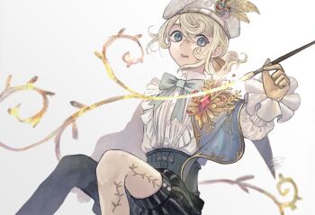 1boy androgynous aqua_bow aqua_bowtie beret bishounen black_corset black_pantyhose black_shorts blonde_hair blue_capelet blue_eyes bow bowtie capelet corset curly_hair edgar_valden edgar_valden_(golden_ratio) frilled_shirt frilled_sleeves frills gem gold_trim hair_bow half_capelet hat hat_feather highres holding holding_paintbrush identity_v looking_at_viewer low_ponytail male_focus omochi169_k open_mouth paintbrush pantyhose ponytail puffy_sleeves red_gemstone shirt shirt_tucked_in shorts single_leg_pantyhose solo striped_clothes striped_shorts trap vertical-striped_clothes vertical-striped_shorts wavy_hair white_shirt yellow_bow