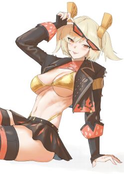Rule 34 | 1girl, adjusting eyewear, arm support, bikini, black-framed eyewear, black jacket, black skirt, blonde hair, blush, breasts, burnice white, commentary request, cropped jacket, eyewear on head, from side, gold bikini, highres, invisible chair, jacket, large breasts, naixorth, navel, red-tinted eyewear, red eyes, short twintails, simple background, sitting, skirt, solo, spiked belt, spiked jacket, sunglasses, swimsuit, tinted eyewear, tongue, tongue out, twintails, white background, zenless zone zero